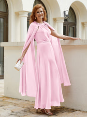 Robe de A-ligne à Col en Bijou Longueur de Mollet en Mousseline Rose Bonbon Grande Taille