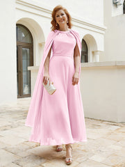 Robe de A-ligne à Col en Bijou Longueur de Mollet en Mousseline Rose Bonbon