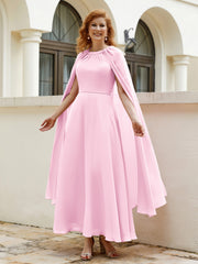 Robe de A-ligne à Col en Bijou Longueur de Mollet en Mousseline Rose Bonbon Grande Taille