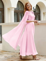 Robe de A-ligne à Col en Bijou Longueur de Mollet en Mousseline Rose Bonbon