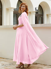 Robe de A-ligne à Col en Bijou Longueur de Mollet en Mousseline Rose Bonbon Grande Taille