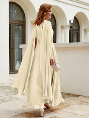 Robe de A-ligne à Col en Bijou Longueur de Mollet en Mousseline Champagne Grande Taille
