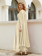 Robe de A-ligne à Col en Bijou Longueur de Mollet en Mousseline Champagne Grande Taille