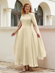 Robe de A-ligne à Col en Bijou Longueur de Mollet en Mousseline Champagne