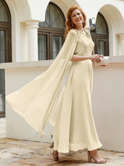 Robe de A-ligne à Col en Bijou Longueur de Mollet en Mousseline Champagne