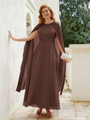 Robe de A-ligne à Col en Bijou Longueur de Mollet en Mousseline Chocolat