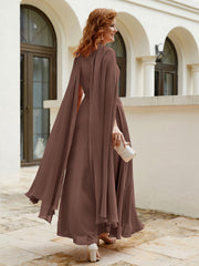 Robe de A-ligne à Col en Bijou Longueur de Mollet en Mousseline Chocolat Grande Taille