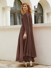 Robe de A-ligne à Col en Bijou Longueur de Mollet en Mousseline Chocolat Grande Taille