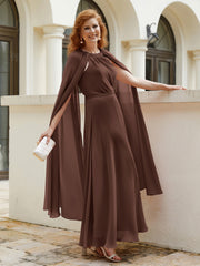 Robe de A-ligne à Col en Bijou Longueur de Mollet en Mousseline Chocolat Grande Taille