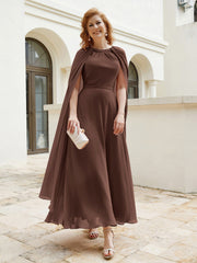 Robe de A-ligne à Col en Bijou Longueur de Mollet en Mousseline Chocolat Grande Taille