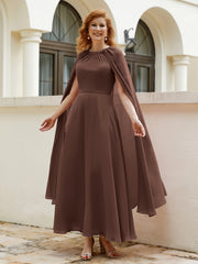 Robe de A-ligne à Col en Bijou Longueur de Mollet en Mousseline Chocolat