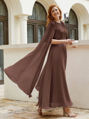 Robe de A-ligne à Col en Bijou Longueur de Mollet en Mousseline Chocolat Grande Taille