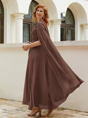 Robe de A-ligne à Col en Bijou Longueur de Mollet en Mousseline Chocolat
