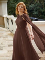 Robe de A-ligne à Col en Bijou Longueur de Mollet en Mousseline Chocolat Grande Taille