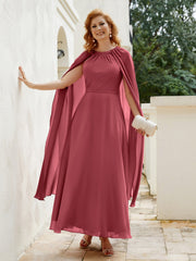 Robe de A-ligne à Col en Bijou Longueur de Mollet en Mousseline Citron Cannelle Rose