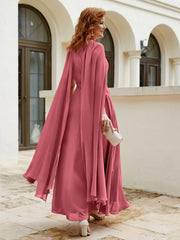 Robe de A-ligne à Col en Bijou Longueur de Mollet en Mousseline Citron Cannelle Rose