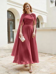 Robe de A-ligne à Col en Bijou Longueur de Mollet en Mousseline Citron Cannelle Rose