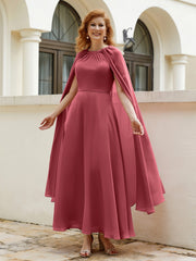 Robe de A-ligne à Col en Bijou Longueur de Mollet en Mousseline Citron Cannelle Rose