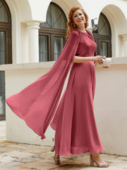 Robe de A-ligne à Col en Bijou Longueur de Mollet en Mousseline Citron Cannelle Rose