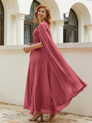 Robe de A-ligne à Col en Bijou Longueur de Mollet en Mousseline Citron Cannelle Rose