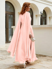 Robe de A-ligne à Col en Bijou Longueur de Mollet en Mousseline Corail