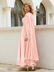 Robe de A-ligne à Col en Bijou Longueur de Mollet en Mousseline Corail Grande Taille