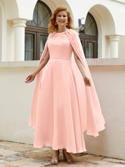 Robe de A-ligne à Col en Bijou Longueur de Mollet en Mousseline Corail Grande Taille