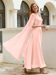 Robe de A-ligne à Col en Bijou Longueur de Mollet en Mousseline Corail