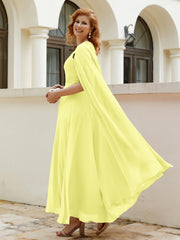 Robe de A-ligne à Col en Bijou Longueur de Mollet en Mousseline Jonquille Grande Taille