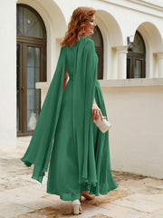 Robe de A-ligne à Col en Bijou Longueur de Mollet en Mousseline Vert Foncé