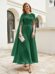 Robe de A-ligne à Col en Bijou Longueur de Mollet en Mousseline Vert Foncé