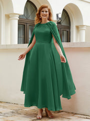 Robe de A-ligne à Col en Bijou Longueur de Mollet en Mousseline Vert Foncé