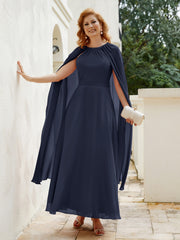 Robe de A-ligne à Col en Bijou Longueur de Mollet en Mousseline Bleu Marine