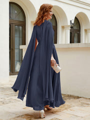 Robe de A-ligne à Col en Bijou Longueur de Mollet en Mousseline Bleu Marine