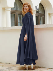 Robe de A-ligne à Col en Bijou Longueur de Mollet en Mousseline Bleu Marine