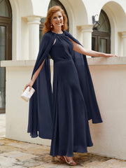 Robe de A-ligne à Col en Bijou Longueur de Mollet en Mousseline Bleu Marine