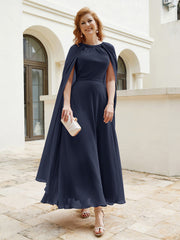 Robe de A-ligne à Col en Bijou Longueur de Mollet en Mousseline Bleu Marine