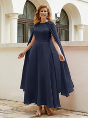 Robe de A-ligne à Col en Bijou Longueur de Mollet en Mousseline Bleu Marine Grande Taille