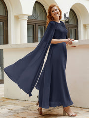 Robe de A-ligne à Col en Bijou Longueur de Mollet en Mousseline Bleu Marine Grande Taille