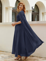 Robe de A-ligne à Col en Bijou Longueur de Mollet en Mousseline Bleu Marine