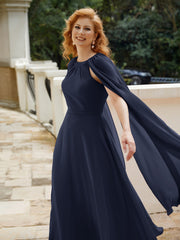 Robe de A-ligne à Col en Bijou Longueur de Mollet en Mousseline Bleu Marine