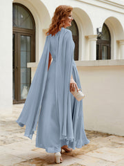Robe de A-ligne à Col en Bijou Longueur de Mollet en Mousseline Bleu Poudré