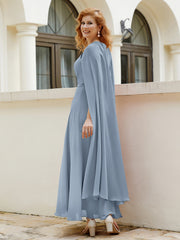 Robe de A-ligne à Col en Bijou Longueur de Mollet en Mousseline Bleu Poudré