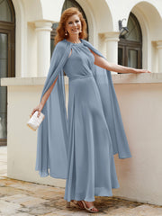 Robe de A-ligne à Col en Bijou Longueur de Mollet en Mousseline Bleu Poudré