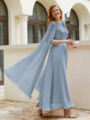 Robe de A-ligne à Col en Bijou Longueur de Mollet en Mousseline Bleu Poudré