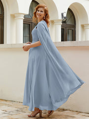 Robe de A-ligne à Col en Bijou Longueur de Mollet en Mousseline Bleu Poudré