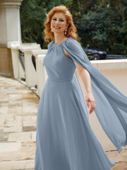 Robe de A-ligne à Col en Bijou Longueur de Mollet en Mousseline Bleu Poudré