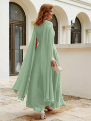 Robe de A-ligne à Col en Bijou Longueur de Mollet en Mousseline Sauge Poudrée Grande Taille