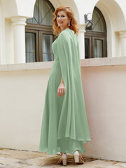 Robe de A-ligne à Col en Bijou Longueur de Mollet en Mousseline Sauge Poudrée Grande Taille