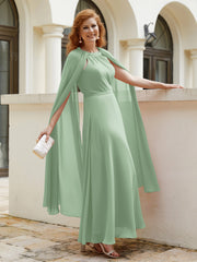 Robe de A-ligne à Col en Bijou Longueur de Mollet en Mousseline Sauge Poudrée Grande Taille